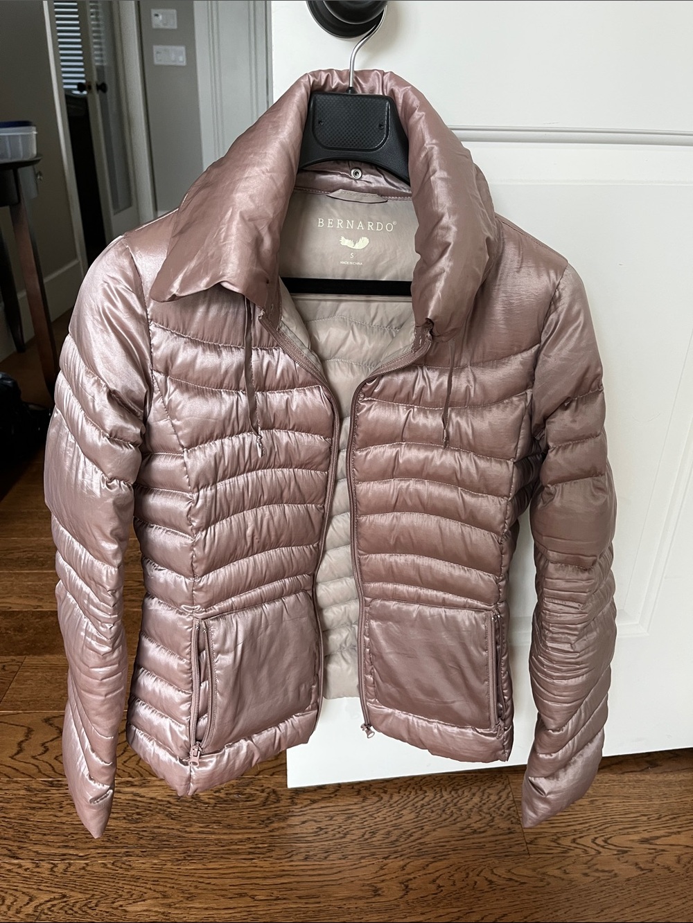 Bernardo Shimmery Rose Taupe Packable Puffer Jacket